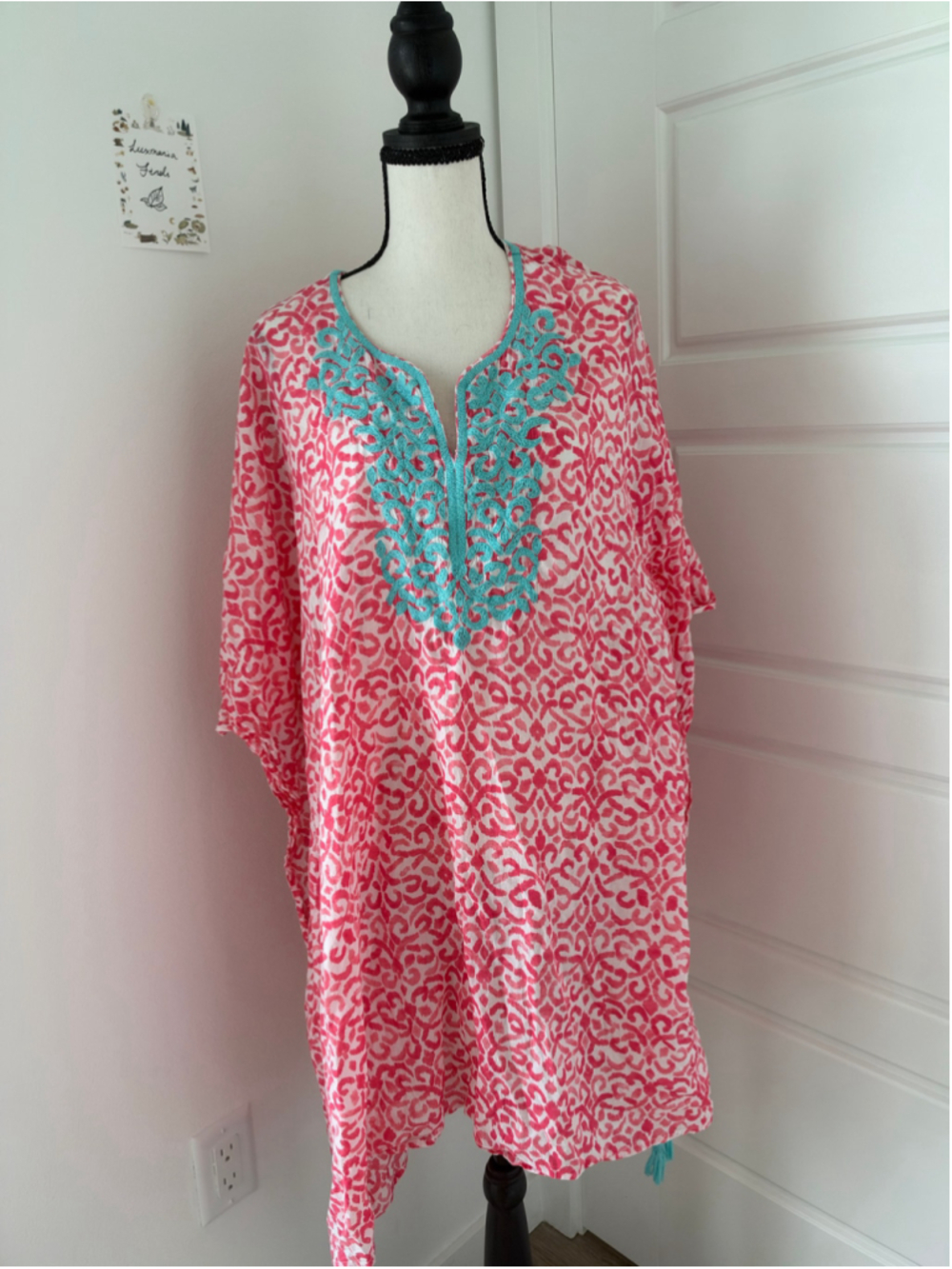 Tommy Bahama Pink Leopard Tunic Kaftan Cover-Up with Turquoise Embroidery READ